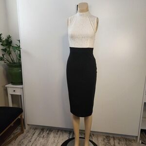 Almost Famous Womens Black White Lace Mock Neck Bodycon Pencil Dress Medium
